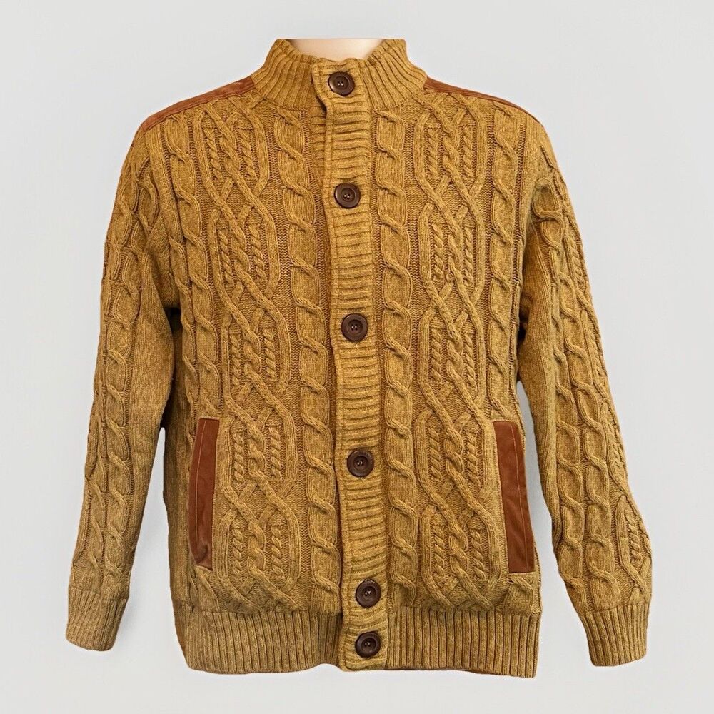 Fishermans Cable Knit Fleece Lined Velvet Trim Cardigan Sweater Mens XL Camel
